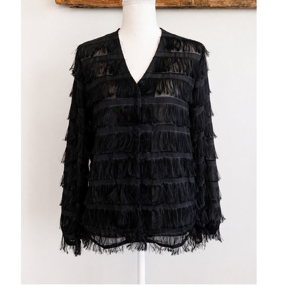 Black Sheer Fringe Layered V-Neck Long Sleeve Pullover Blouse (S)